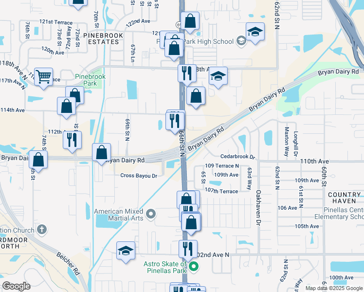 map of restaurants, bars, coffee shops, grocery stores, and more near 66th Street North & Bryan Dairy Road in Largo