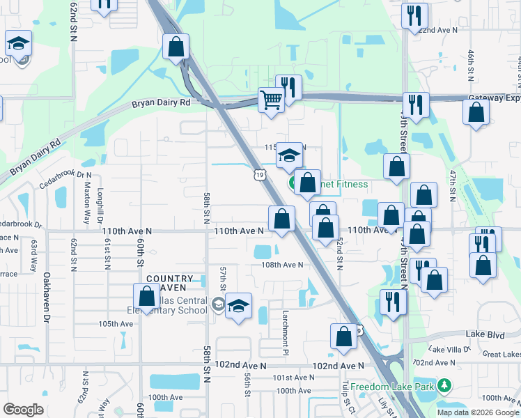 map of restaurants, bars, coffee shops, grocery stores, and more near 5513 110th Avenue North in Pinellas Park