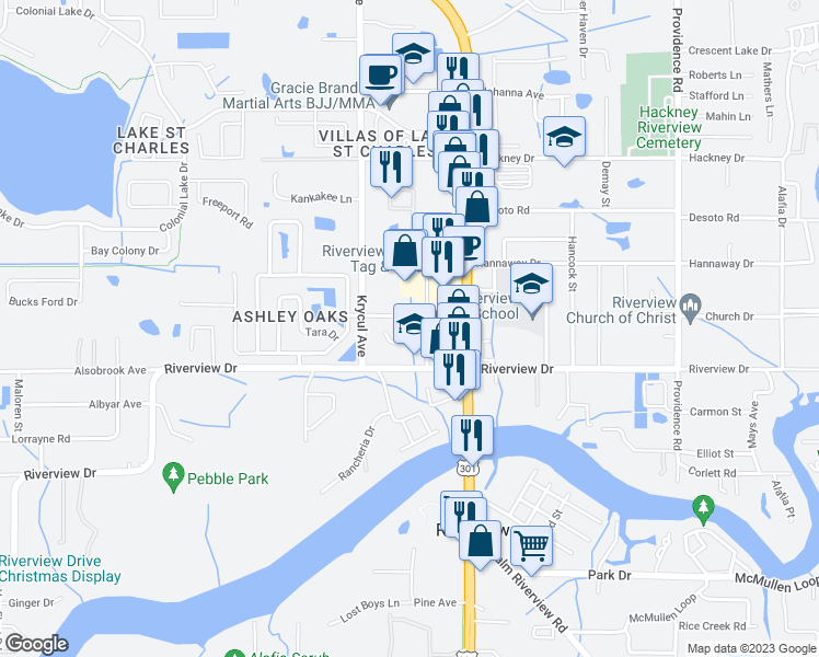 map of restaurants, bars, coffee shops, grocery stores, and more near 7804 Colonial Club Court in Riverview