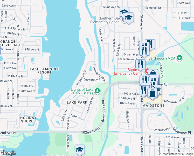 map of restaurants, bars, coffee shops, grocery stores, and more near 9613 Leeward Avenue in Largo