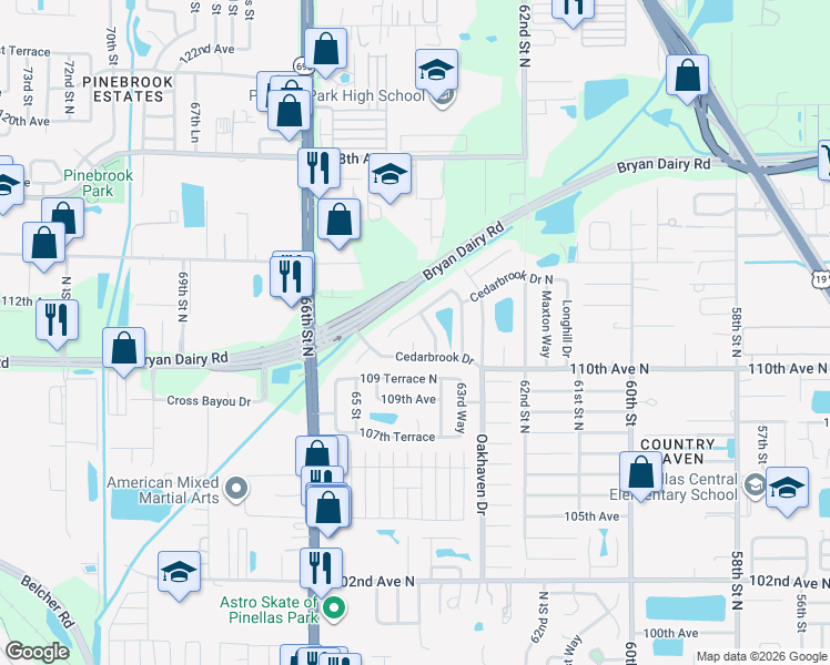 map of restaurants, bars, coffee shops, grocery stores, and more near 6407 Oakwood Court in Pinellas Park