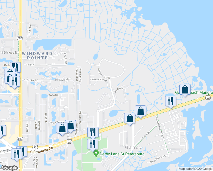 map of restaurants, bars, coffee shops, grocery stores, and more near 760 Vallance Way Northeast in St. Petersburg