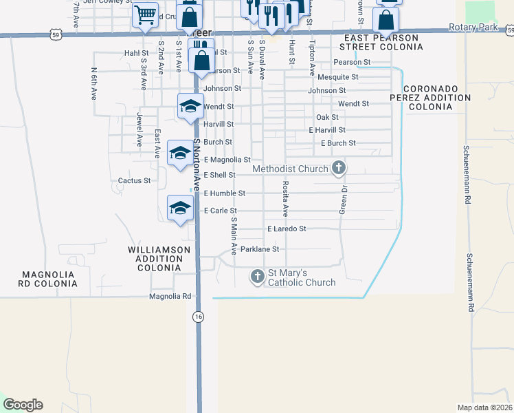 map of restaurants, bars, coffee shops, grocery stores, and more near 315 East Carle Street in Freer