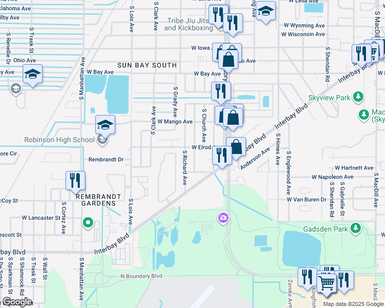 map of restaurants, bars, coffee shops, grocery stores, and more near 6410 South Adelia Avenue in Tampa