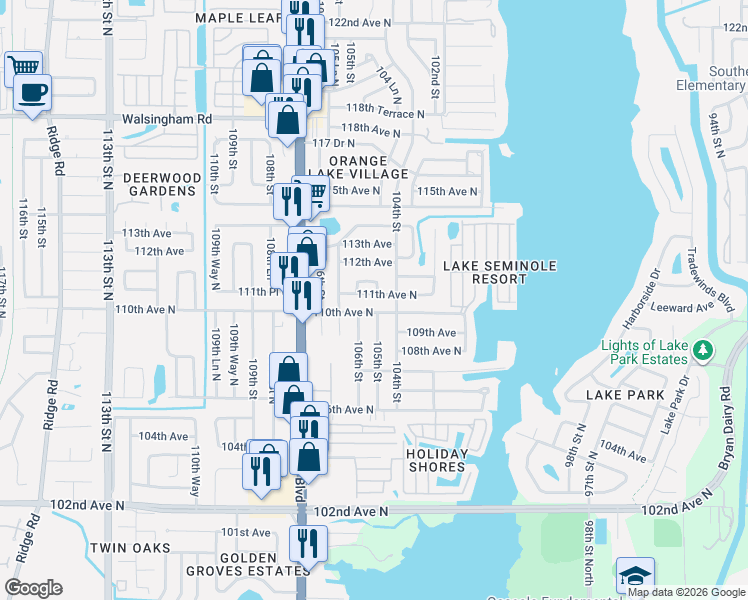 map of restaurants, bars, coffee shops, grocery stores, and more near 10447 110th Avenue North in Largo