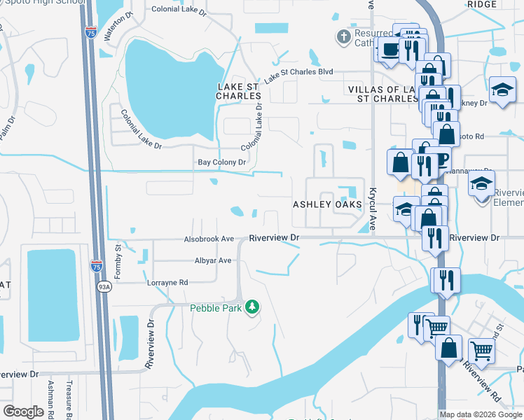 map of restaurants, bars, coffee shops, grocery stores, and more near 7812 Riverwood Oaks Drive in Riverview