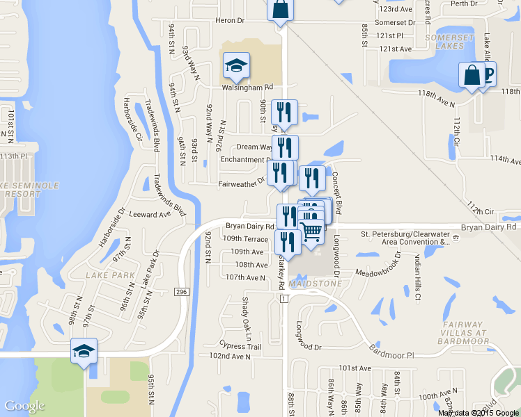map of restaurants, bars, coffee shops, grocery stores, and more near 9035 Bryan Dairy Road in Seminole