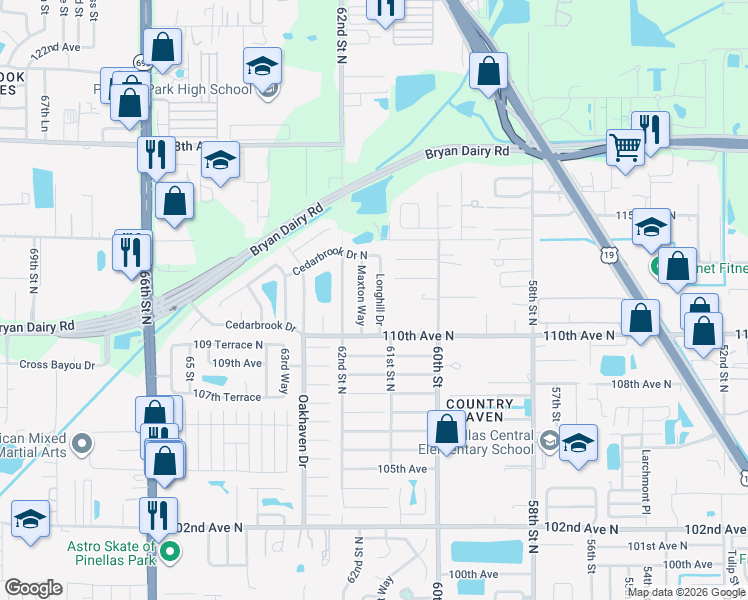 map of restaurants, bars, coffee shops, grocery stores, and more near 11148 Longhill Drive in Pinellas Park