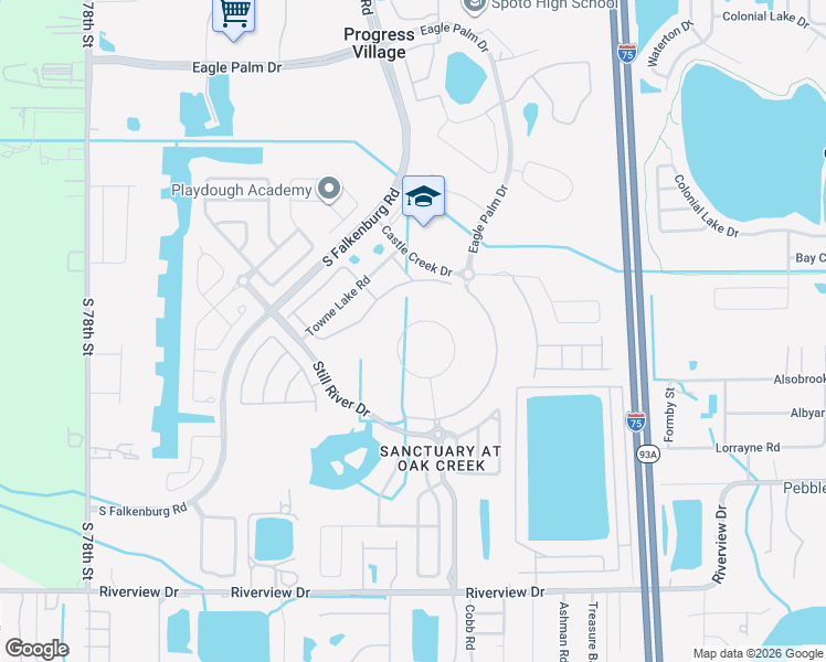 map of restaurants, bars, coffee shops, grocery stores, and more near 9058 Spruce Creek Circle in Riverview