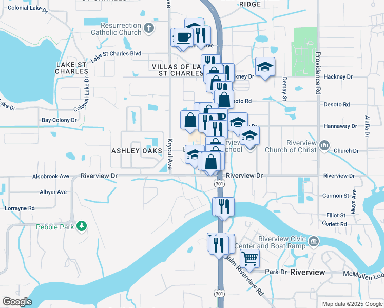 map of restaurants, bars, coffee shops, grocery stores, and more near 7806 Colonial Club Court in Riverview