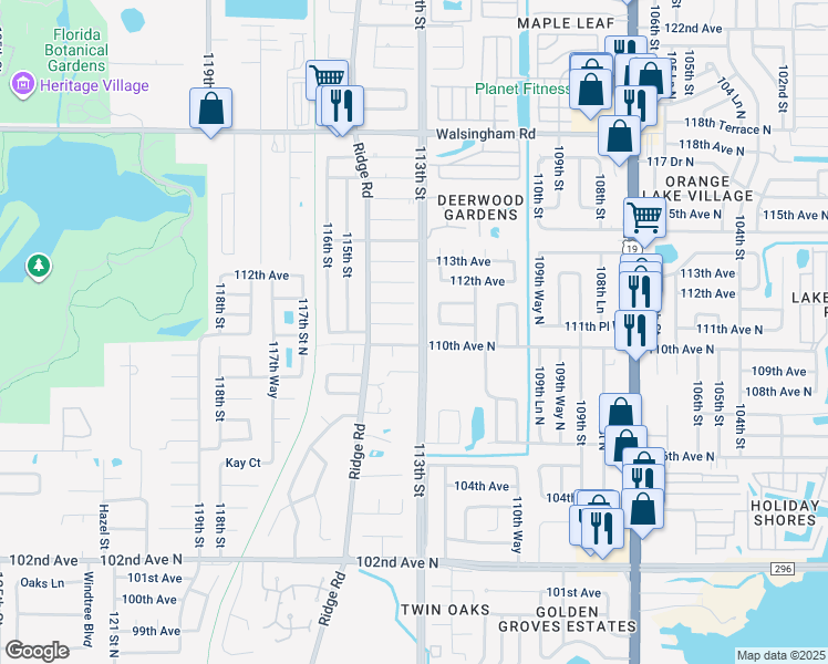 map of restaurants, bars, coffee shops, grocery stores, and more near 11301 110th Avenue North in Largo