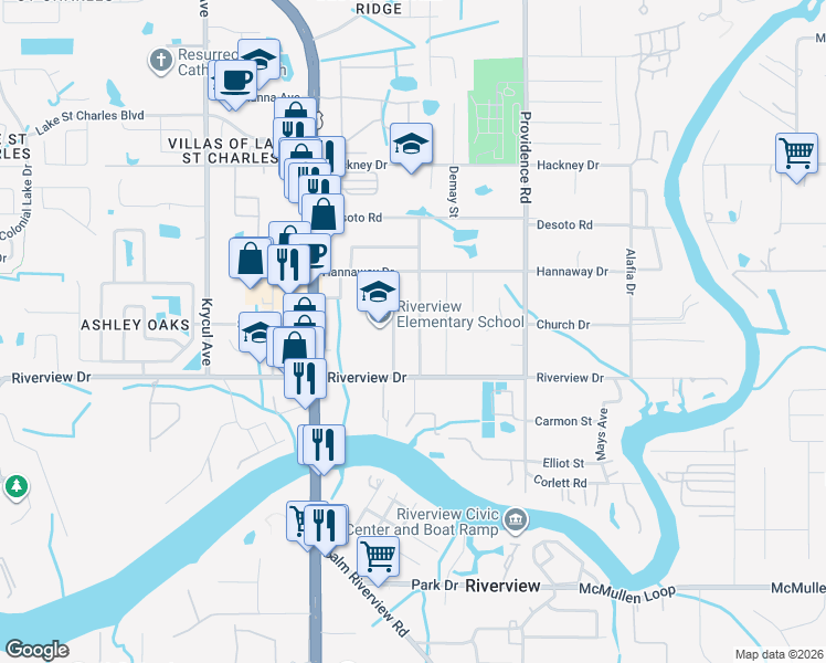 map of restaurants, bars, coffee shops, grocery stores, and more near 7801 Hancock Street in Riverview