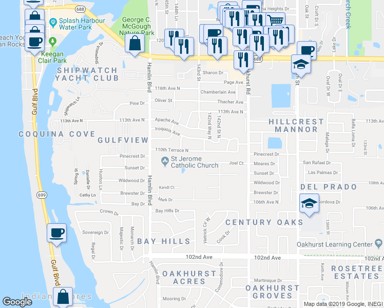map of restaurants, bars, coffee shops, grocery stores, and more near 14380 110th Terrace North in Largo
