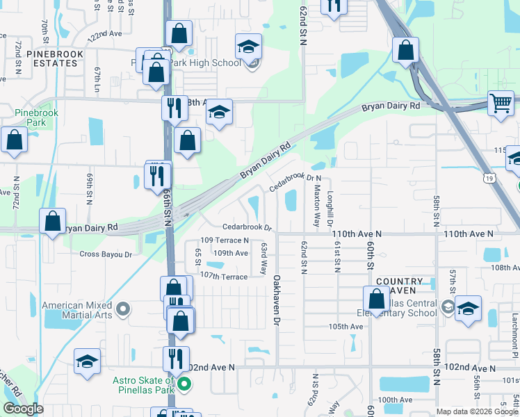 map of restaurants, bars, coffee shops, grocery stores, and more near 11130 Elmhurst Drive in Pinellas Park