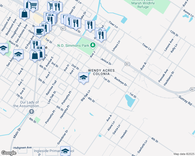 map of restaurants, bars, coffee shops, grocery stores, and more near 2720 Big Oak Lane in Ingleside