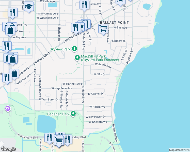 map of restaurants, bars, coffee shops, grocery stores, and more near 2983 Bayshore Pointe Drive in Tampa