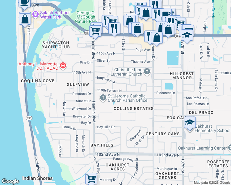 map of restaurants, bars, coffee shops, grocery stores, and more near 14380 110th Terrace North in Largo