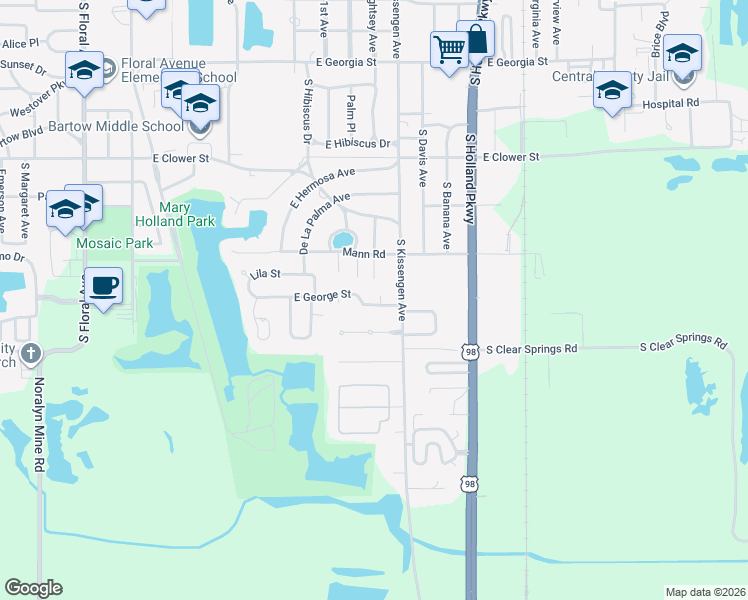 map of restaurants, bars, coffee shops, grocery stores, and more near 1165 East George Street in Bartow