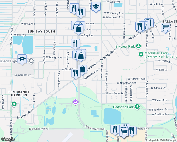 map of restaurants, bars, coffee shops, grocery stores, and more near 3633 Anderson Avenue in Tampa