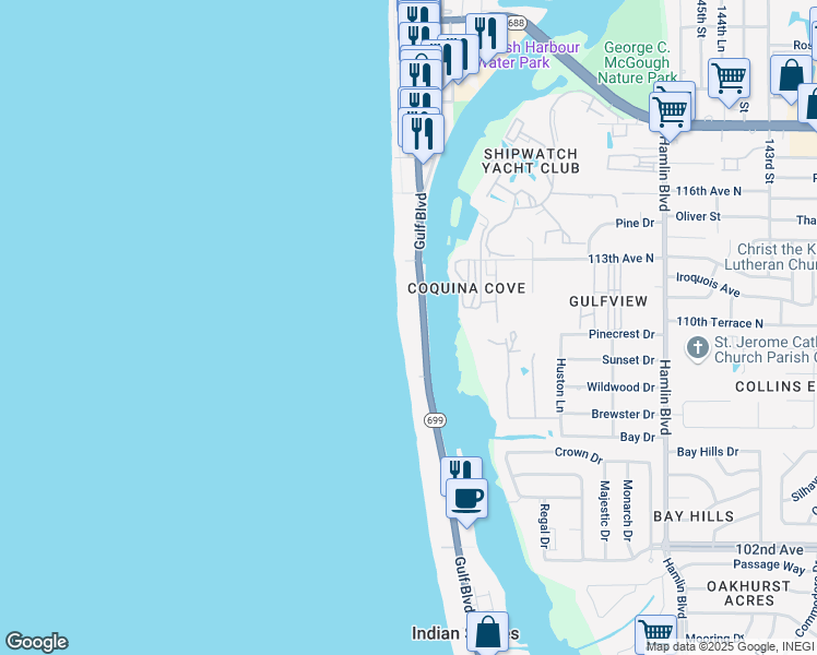 map of restaurants, bars, coffee shops, grocery stores, and more near 26 Gulf Boulevard in Indian Rocks Beach
