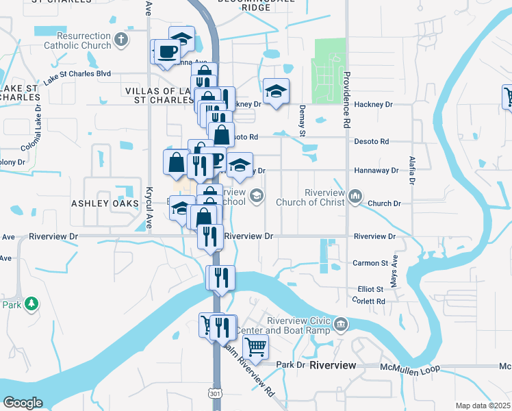 map of restaurants, bars, coffee shops, grocery stores, and more near 10809 Hannaway Drive in Riverview