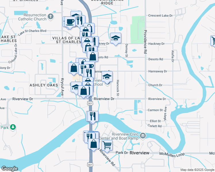 map of restaurants, bars, coffee shops, grocery stores, and more near 10809 Hannaway Drive in Riverview