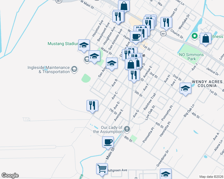 map of restaurants, bars, coffee shops, grocery stores, and more near 2547 Avenue B in Ingleside
