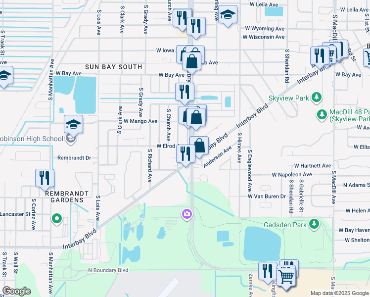 map of restaurants, bars, coffee shops, grocery stores, and more near 6910 Interbay Boulevard in Tampa