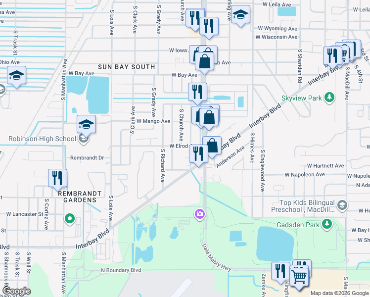 map of restaurants, bars, coffee shops, grocery stores, and more near 6910 Interbay Boulevard in Tampa