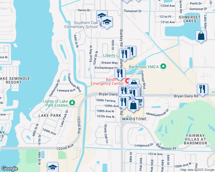 map of restaurants, bars, coffee shops, grocery stores, and more near 9035 Bryan Dairy Road in Seminole