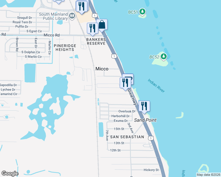 map of restaurants, bars, coffee shops, grocery stores, and more near 5801 River Grove Drive in Micco