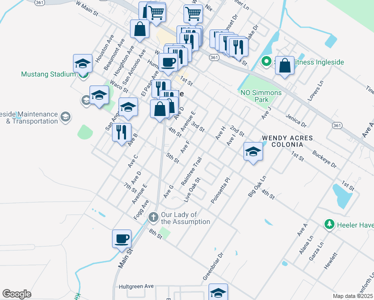 map of restaurants, bars, coffee shops, grocery stores, and more near 2625 Avenue G in Ingleside