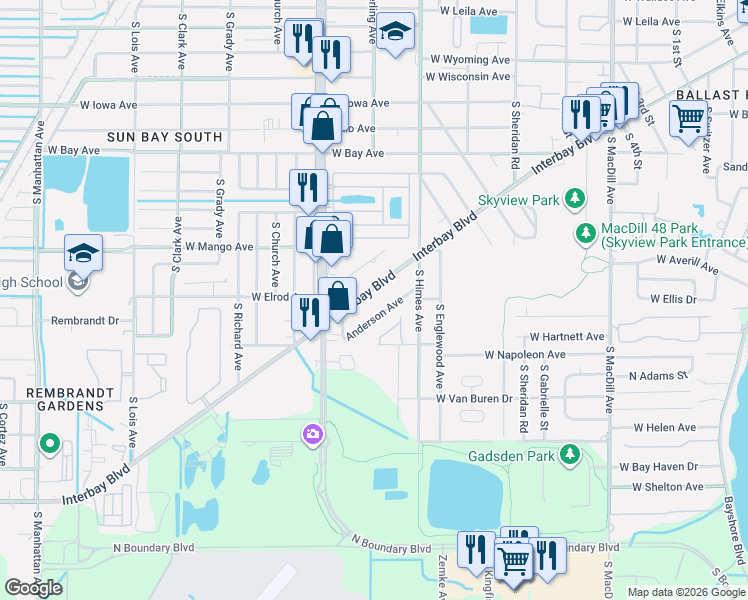 map of restaurants, bars, coffee shops, grocery stores, and more near 6630 Interbay Boulevard in Tampa
