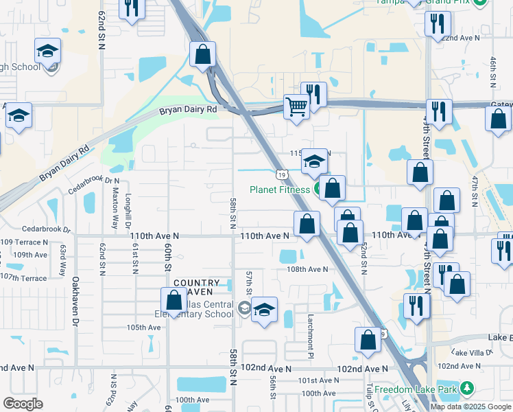 map of restaurants, bars, coffee shops, grocery stores, and more near 5513 110th Avenue North in Pinellas Park