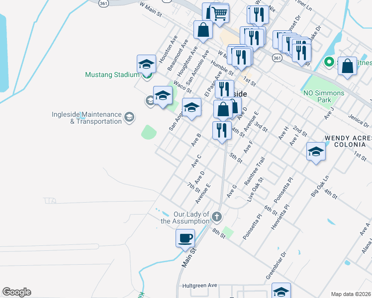 map of restaurants, bars, coffee shops, grocery stores, and more near 2547 Avenue B in Ingleside