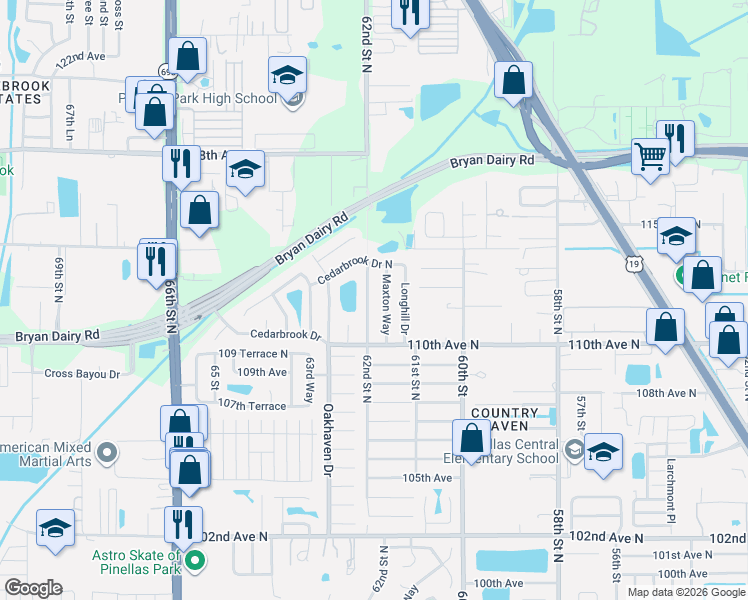map of restaurants, bars, coffee shops, grocery stores, and more near 11107 62nd Street North in Pinellas Park