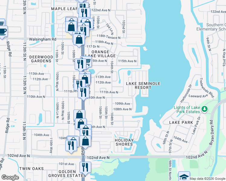 map of restaurants, bars, coffee shops, grocery stores, and more near 10447 110th Avenue North in Largo