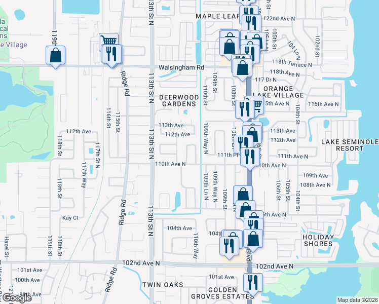 map of restaurants, bars, coffee shops, grocery stores, and more near 11002 111th Street North in Largo