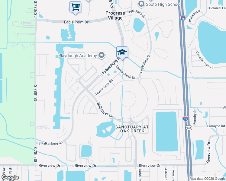 map of restaurants, bars, coffee shops, grocery stores, and more near 9070 Spruce Creek Circle in Riverview