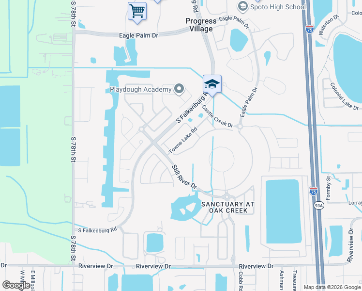 map of restaurants, bars, coffee shops, grocery stores, and more near 7025 Towne Lake Road in Riverview