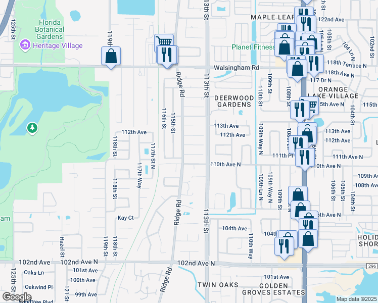 map of restaurants, bars, coffee shops, grocery stores, and more near 11365 111th Avenue in Largo