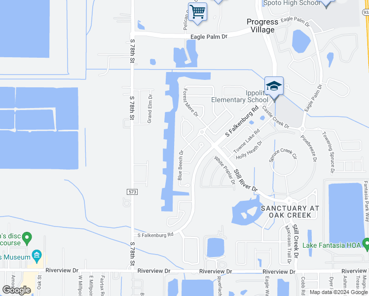 map of restaurants, bars, coffee shops, grocery stores, and more near 7215 Blue Beech Drive in Riverview