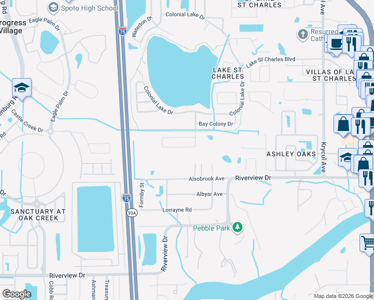 map of restaurants, bars, coffee shops, grocery stores, and more near 7220 Bucks Ford Drive in Riverview