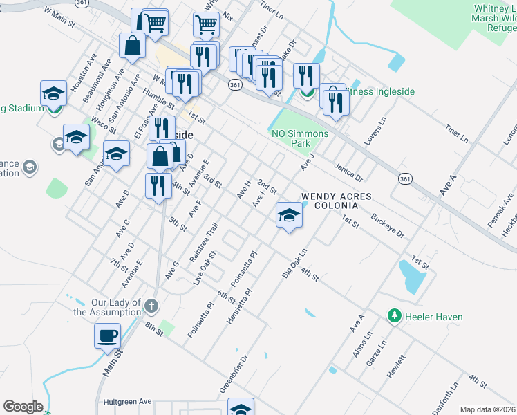 map of restaurants, bars, coffee shops, grocery stores, and more near 2754 Avenue I in Ingleside