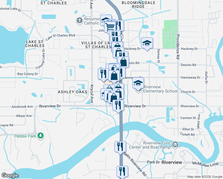 map of restaurants, bars, coffee shops, grocery stores, and more near in Riverview