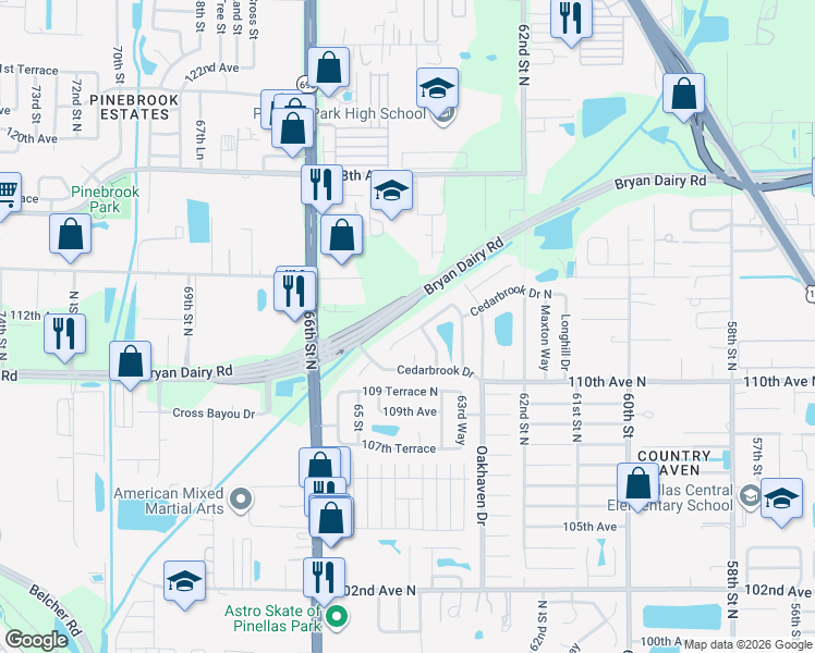 map of restaurants, bars, coffee shops, grocery stores, and more near 6411 Elmhurst Court in Pinellas Park
