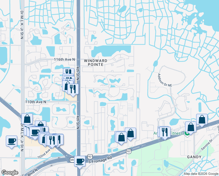 map of restaurants, bars, coffee shops, grocery stores, and more near 115 112th Avenue Northeast in St. Petersburg