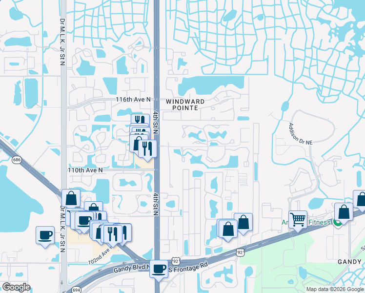 map of restaurants, bars, coffee shops, grocery stores, and more near 111 112th Avenue Northeast in St. Petersburg