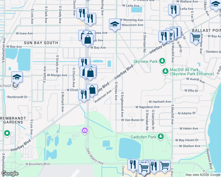 map of restaurants, bars, coffee shops, grocery stores, and more near 6610 Interbay Boulevard in Tampa