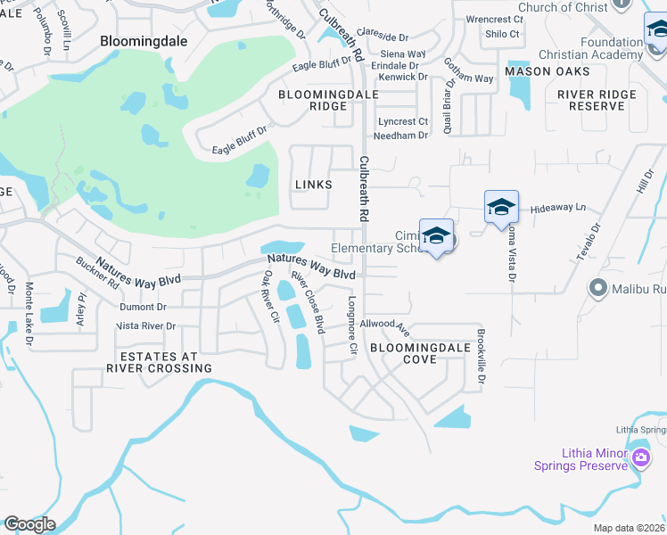 map of restaurants, bars, coffee shops, grocery stores, and more near 4428 Merrick Run Lane in Valrico